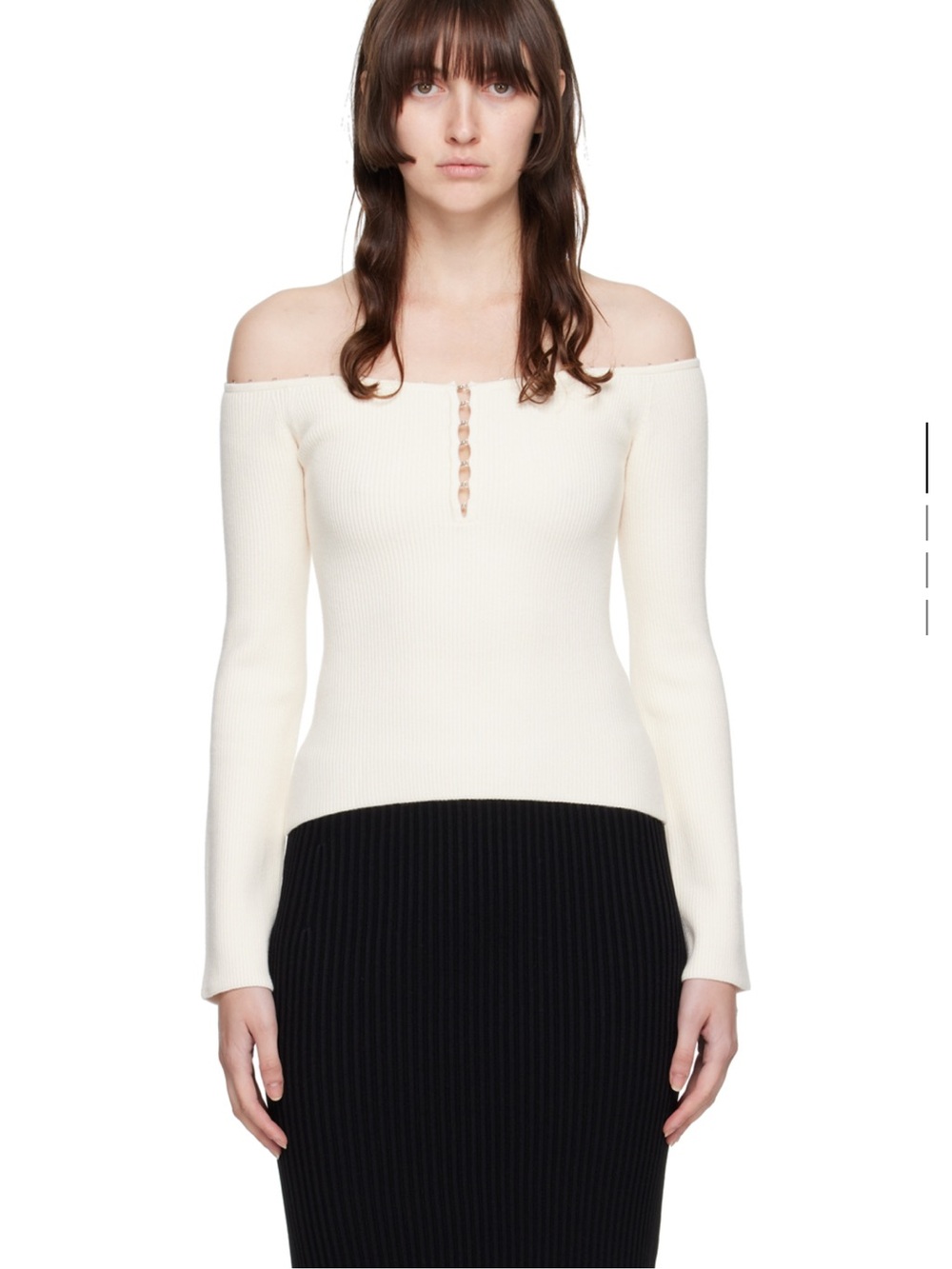 Helmut Lang Off-Shoulder Cream Button-Detail Ribbed Sweater
